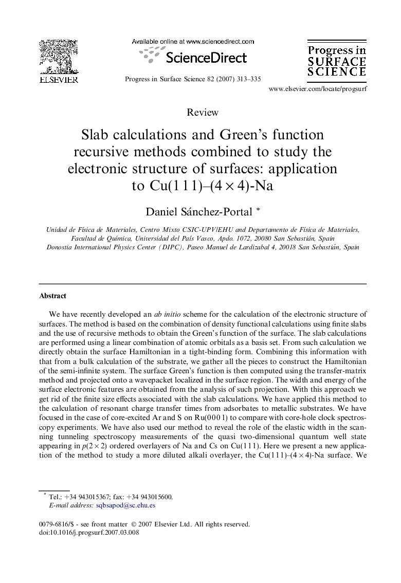 Slab calculations and Green's function recursive methods combined to study the electronic structure of surfaces: application to Cu(1Â 1Â 1)-(4Â ÃÂ 4)-Na