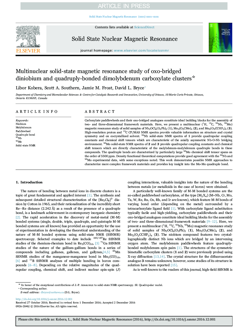 Multinuclear solid-state magnetic resonance study of oxo-bridged diniobium and quadruply-bonded dimolybdenum carboxylate clusters