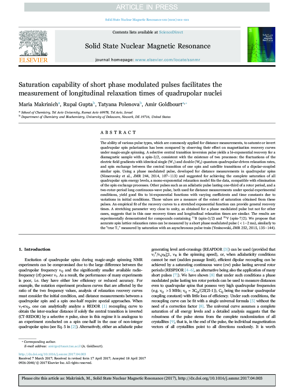 Saturation capability of short phase modulated pulses facilitates the measurement of longitudinal relaxation times of quadrupolar nuclei