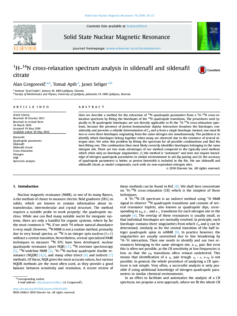 1H-14N cross-relaxation spectrum analysis in sildenafil and sildenafil citrate