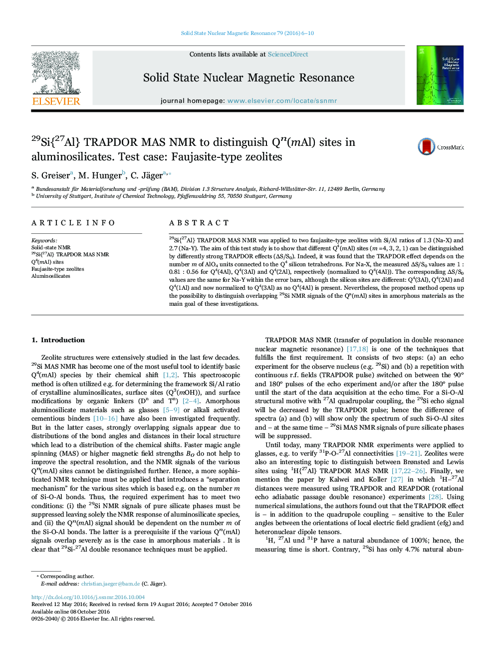 29Si{27Al} TRAPDOR MAS NMR to distinguish Qn(mAl) sites in aluminosilicates. Test case: Faujasite-type zeolites