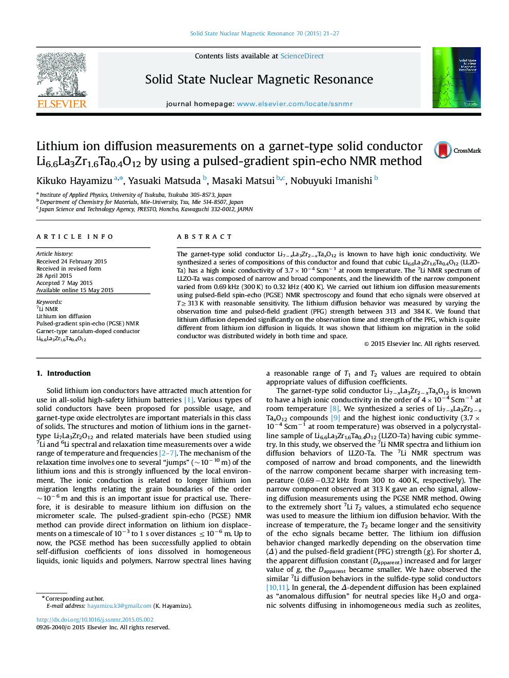 Lithium ion diffusion measurements on a garnet-type solid conductor Li6.6La3Zr1.6Ta0.4O12 by using a pulsed-gradient spin-echo NMR method