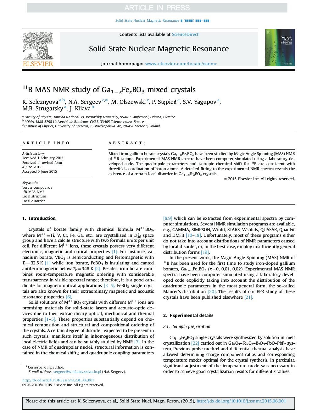 11B MAS NMR study of Ga1âxFexBO3 mixed crystals