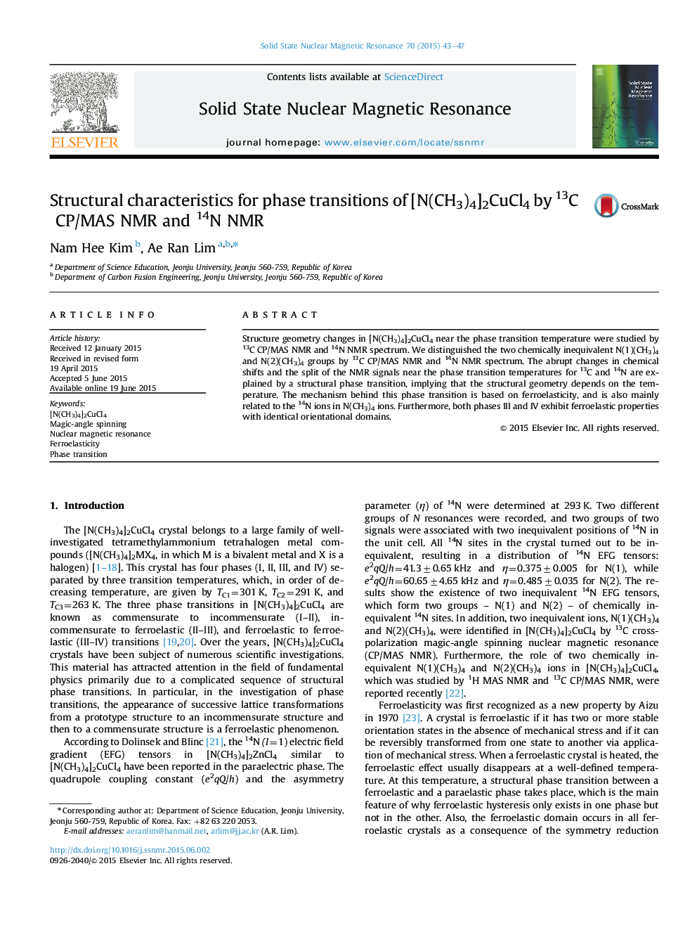 Structural characteristics for phase transitions of [N(CH3)4]2CuCl4 by 13C CP/MAS NMR and 14N NMR