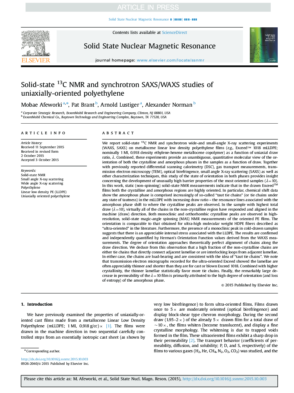 Solid-state 13C NMR and synchrotron SAXS/WAXS studies of uniaxially-oriented polyethylene