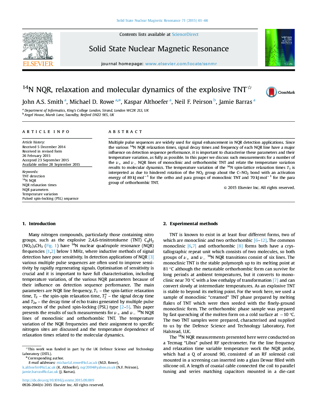 14N NQR, relaxation and molecular dynamics of the explosive TNT