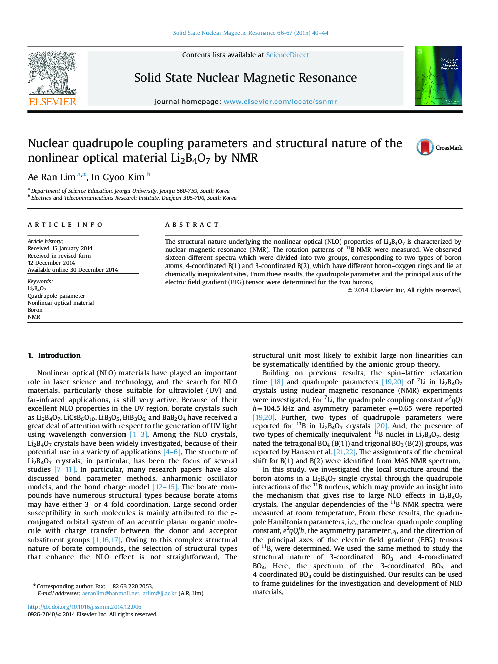 Nuclear quadrupole coupling parameters and structural nature of the nonlinear optical material Li2B4O7 by NMR