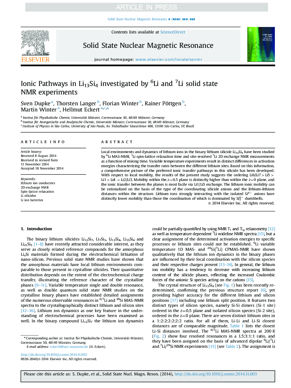 Ionic Pathways in Li13Si4 investigated by 6Li and 7Li solid state NMR experiments