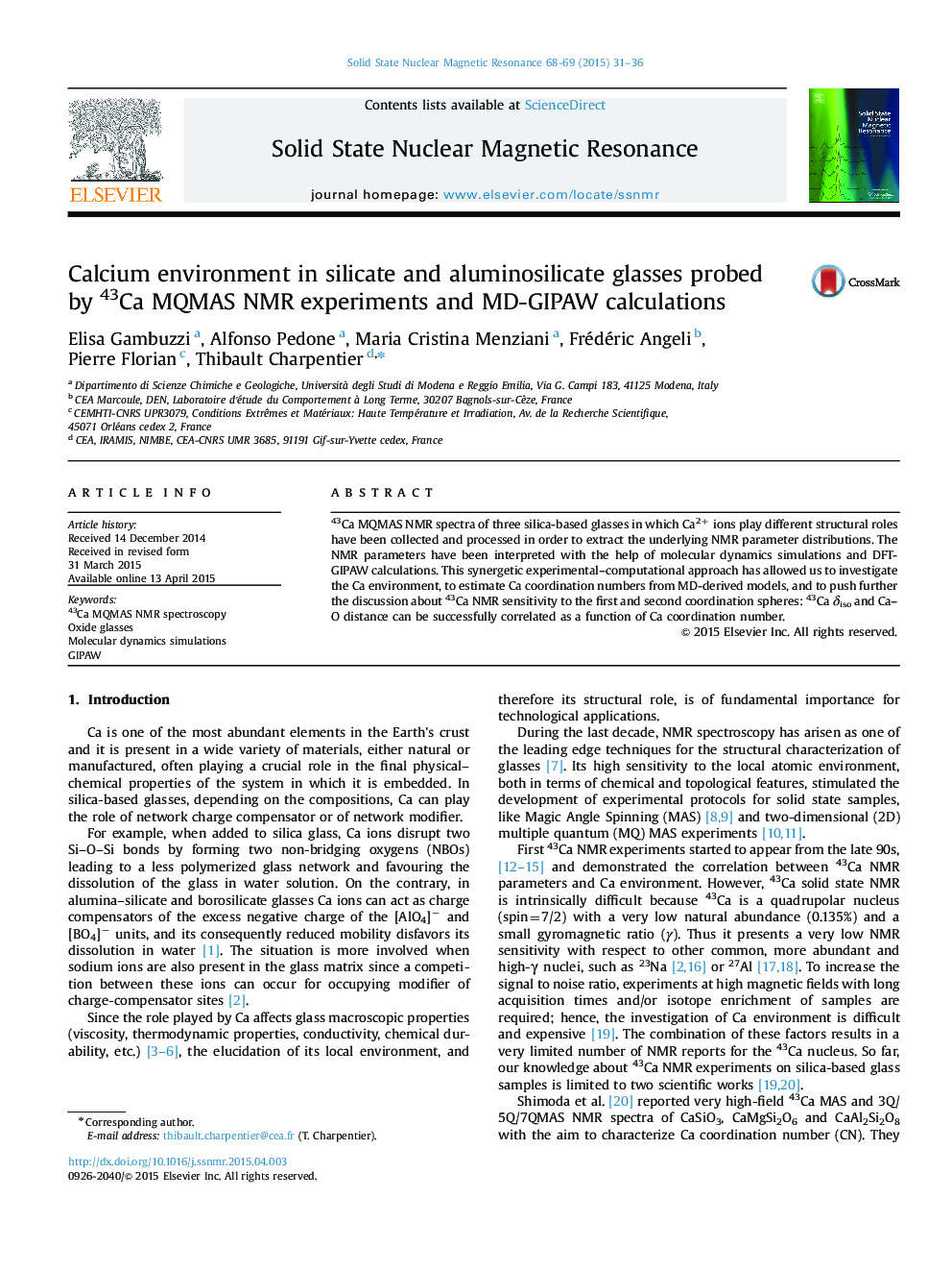 Calcium environment in silicate and aluminosilicate glasses probed by 43Ca MQMAS NMR experiments and MD-GIPAW calculations