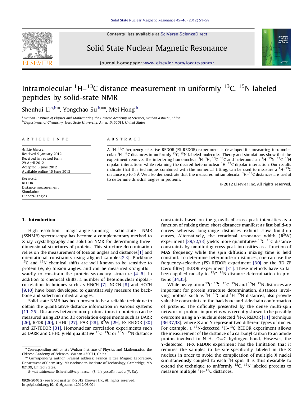 Intramolecular 1H-13C distance measurement in uniformly 13C, 15N labeled peptides by solid-state NMR