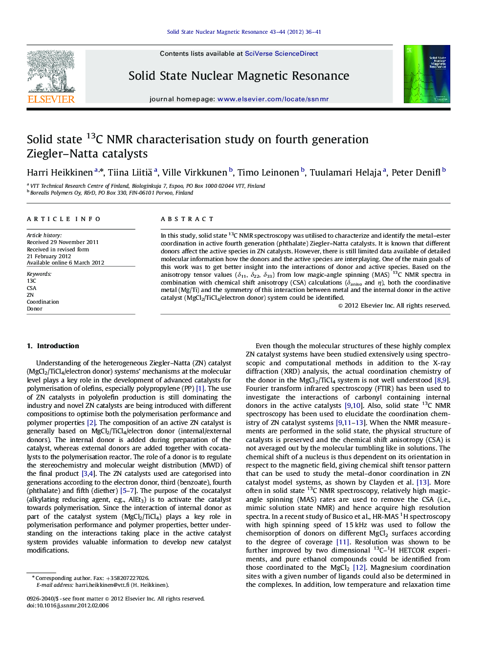 Solid state 13C NMR characterisation study on fourth generation Ziegler-Natta catalysts