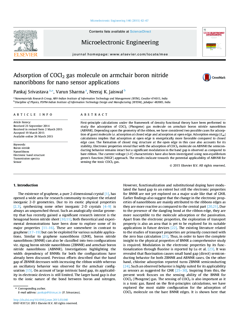 Adsorption of COCl2 gas molecule on armchair boron nitride nanoribbons for nano sensor applications