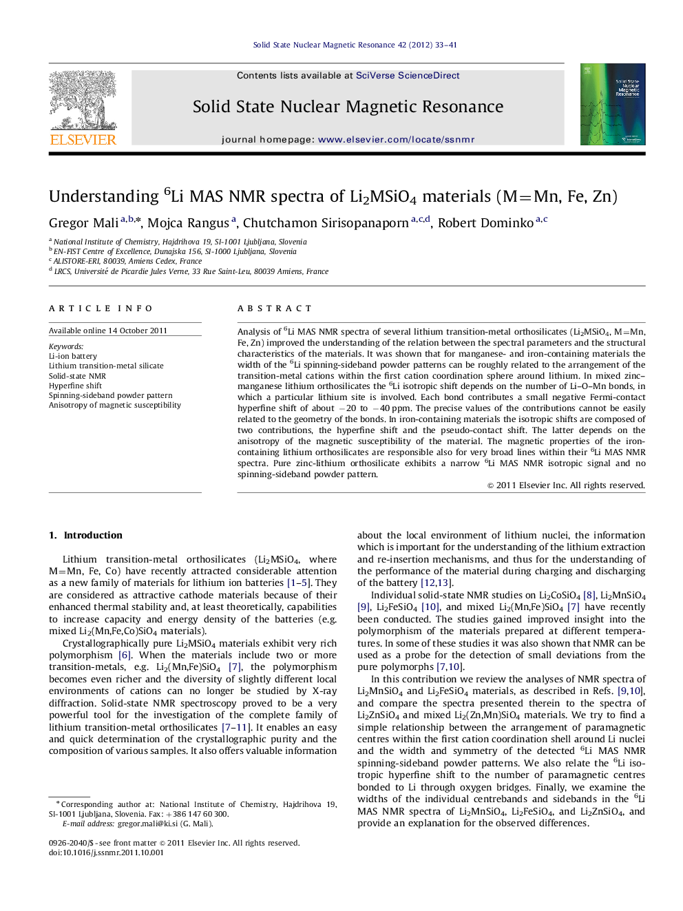 Understanding 6Li MAS NMR spectra of Li2MSiO4 materials (M=Mn, Fe, Zn)