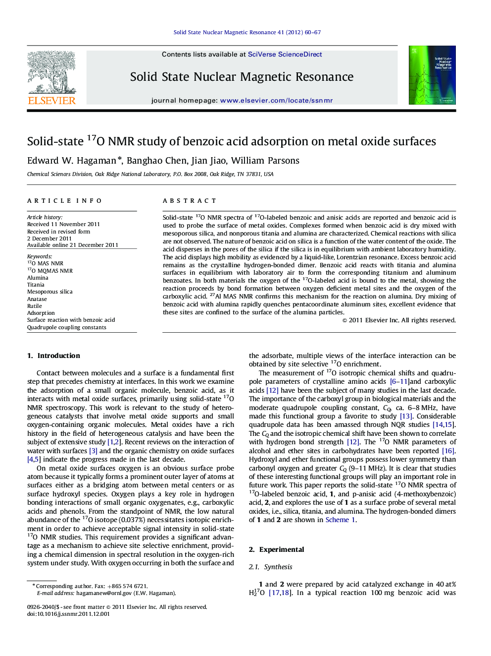 Solid-state 17O NMR study of benzoic acid adsorption on metal oxide surfaces