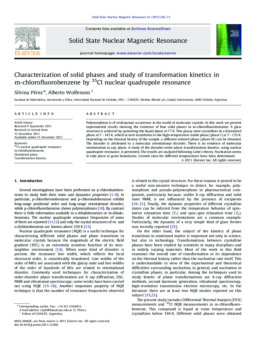 Characterization of solid phases and study of transformation kinetics in m-chlorofluorobenzene by 35Cl nuclear quadrupole resonance