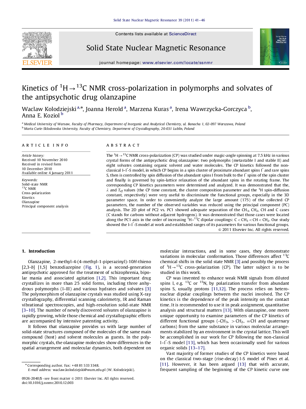 Kinetics of 1Hâ13C NMR cross-polarization in polymorphs and solvates of the antipsychotic drug olanzapine