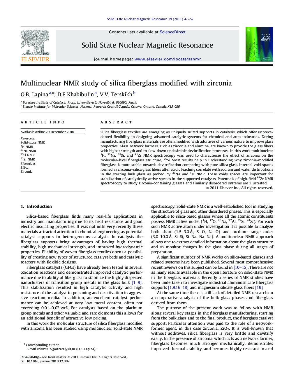 Multinuclear NMR study of silica fiberglass modified with zirconia