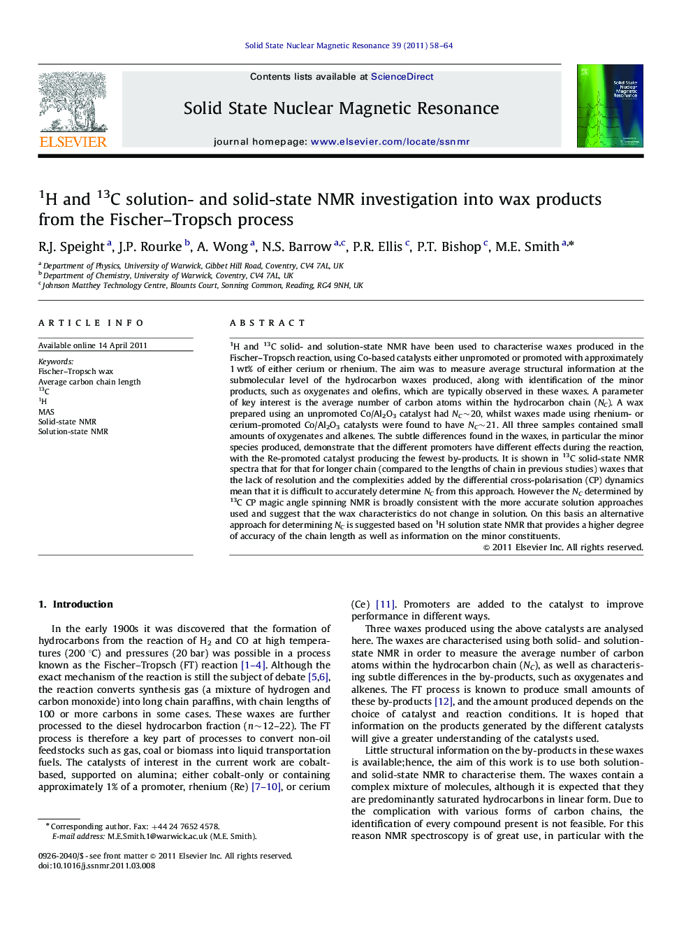 1H and 13C solution- and solid-state NMR investigation into wax products from the Fischer-Tropsch process
