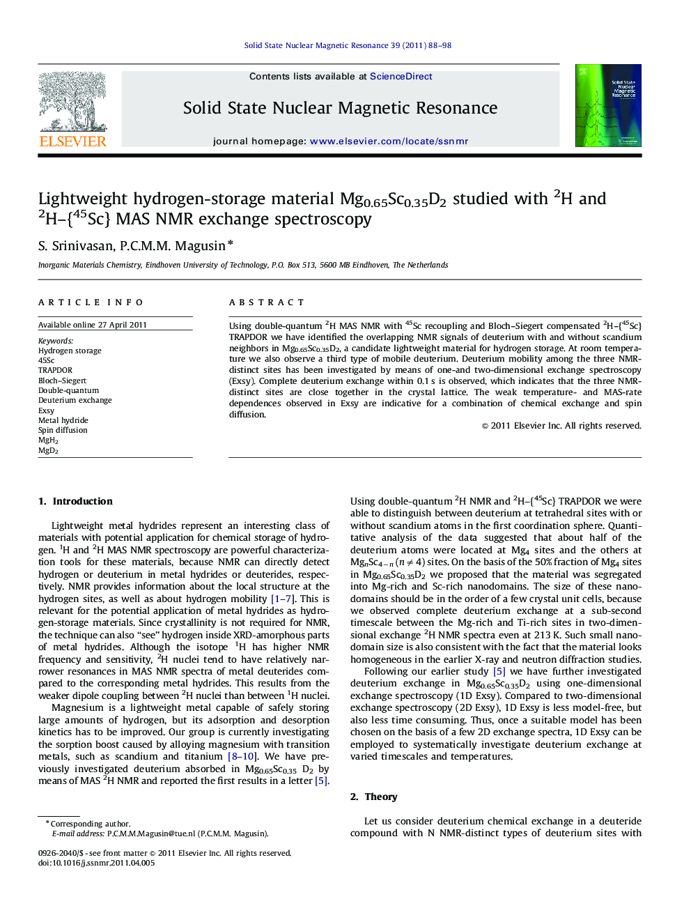 Lightweight hydrogen-storage material Mg0.65Sc0.35D2 studied with 2H and 2H-{45Sc} MAS NMR exchange spectroscopy