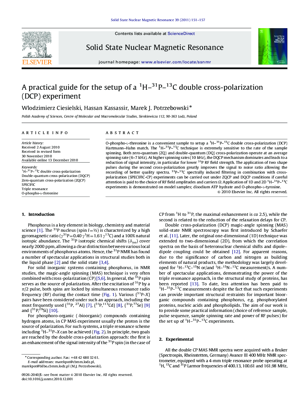 A practical guide for the setup of a 1H-31P-13C double cross-polarization (DCP) experiment