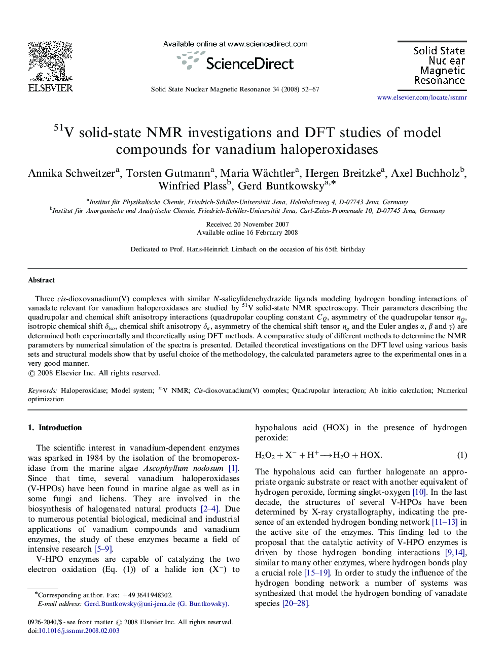 51V solid-state NMR investigations and DFT studies of model compounds for vanadium haloperoxidases