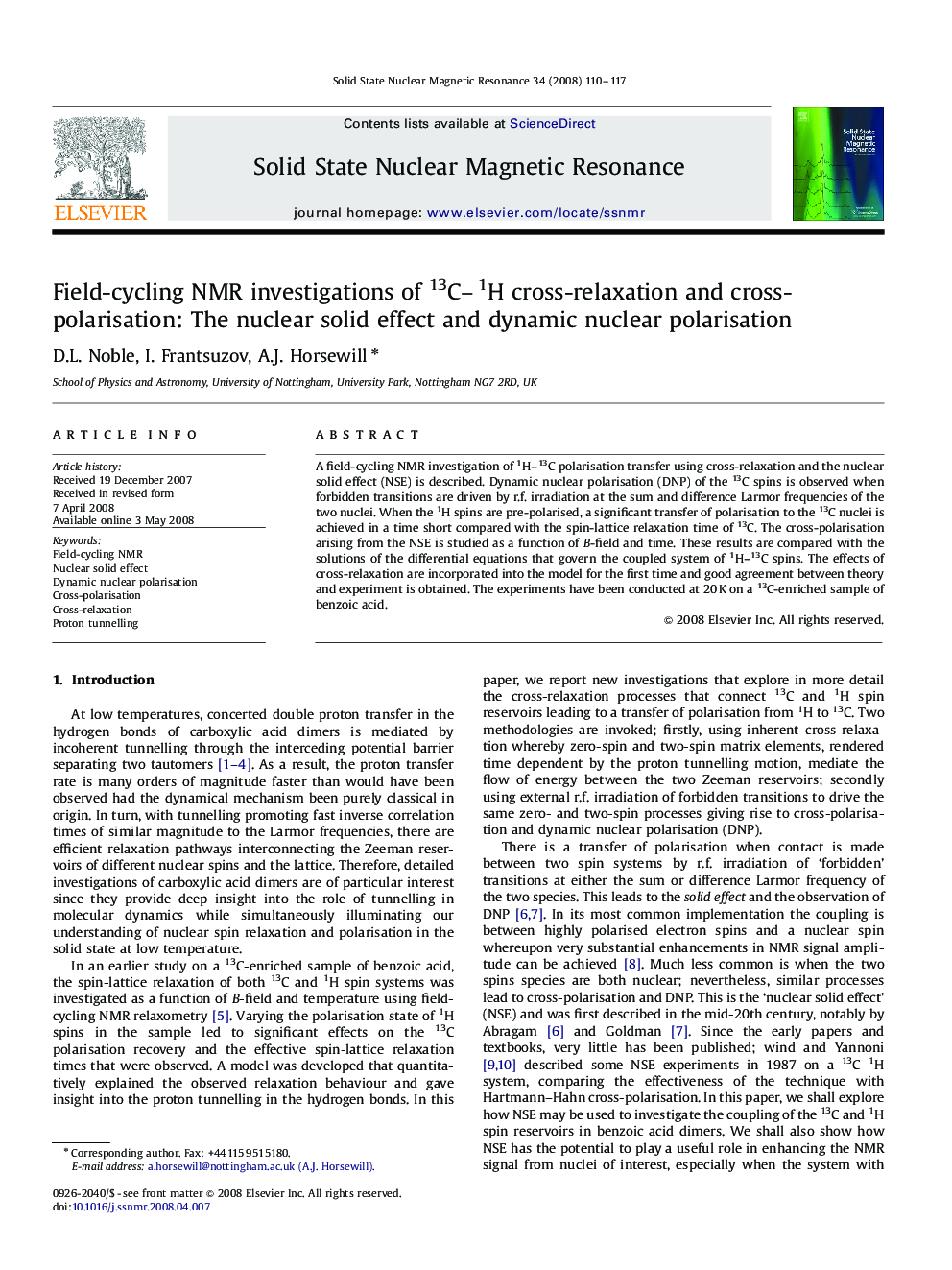 Field-cycling NMR investigations of 13C-1H cross-relaxation and cross-polarisation: The nuclear solid effect and dynamic nuclear polarisation