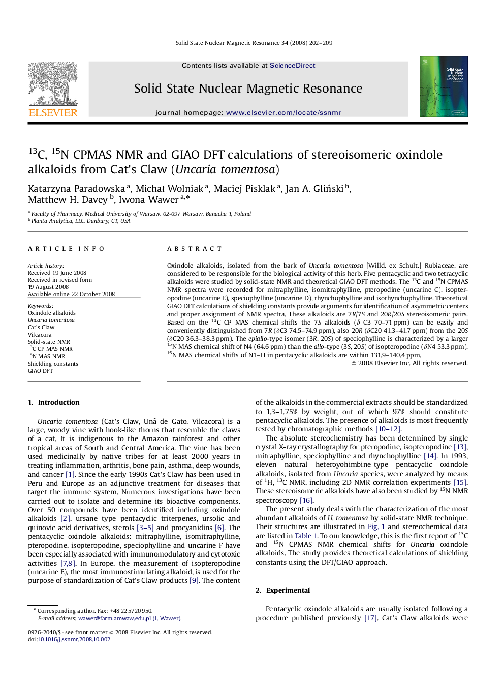 13C, 15N CPMAS NMR and GIAO DFT calculations of stereoisomeric oxindole alkaloids from Cat's Claw (Uncaria tomentosa)