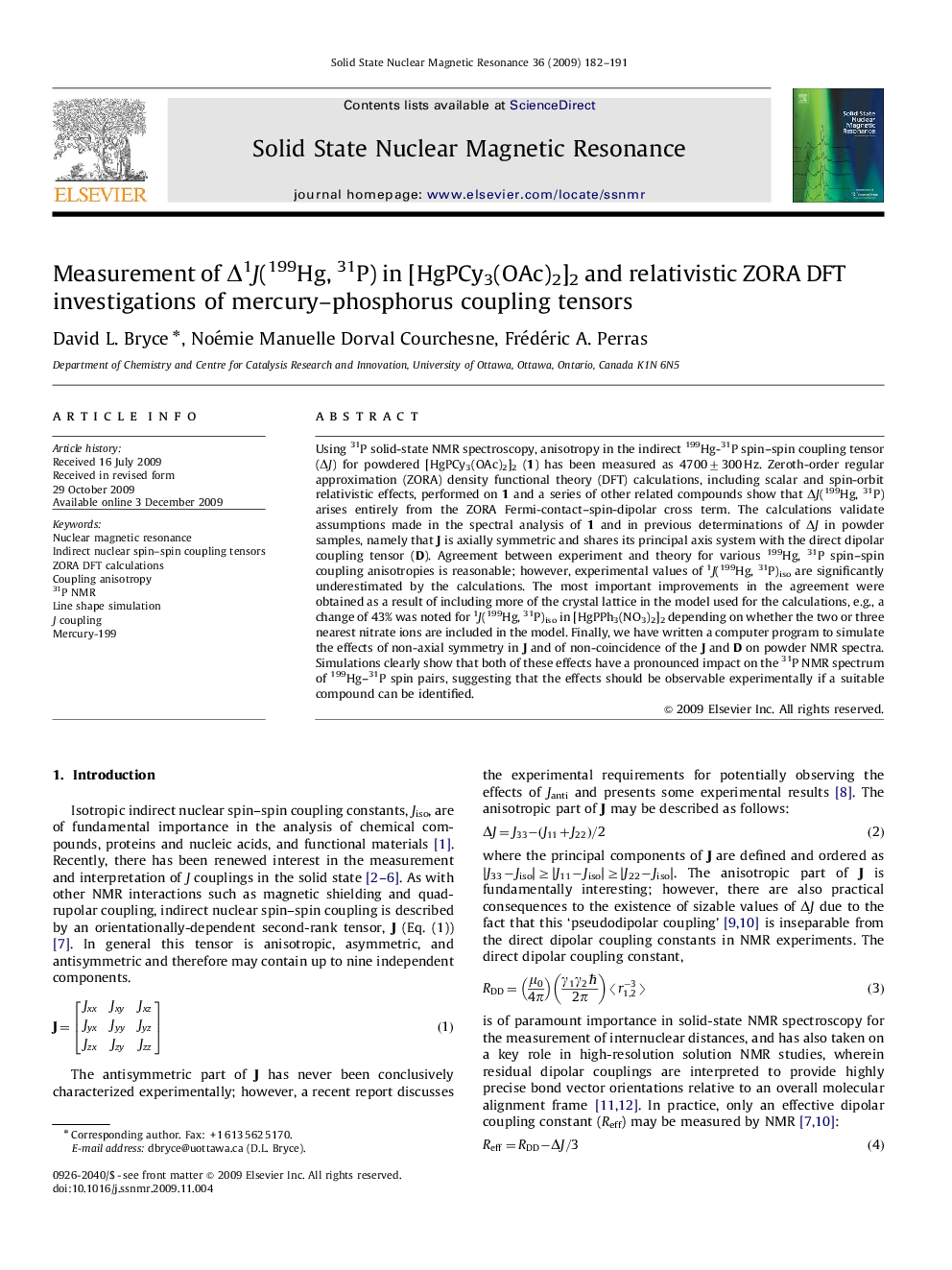 Measurement of Î1J(199Hg, 31P) in [HgPCy3(OAc)2]2 and relativistic ZORA DFT investigations of mercury-phosphorus coupling tensors