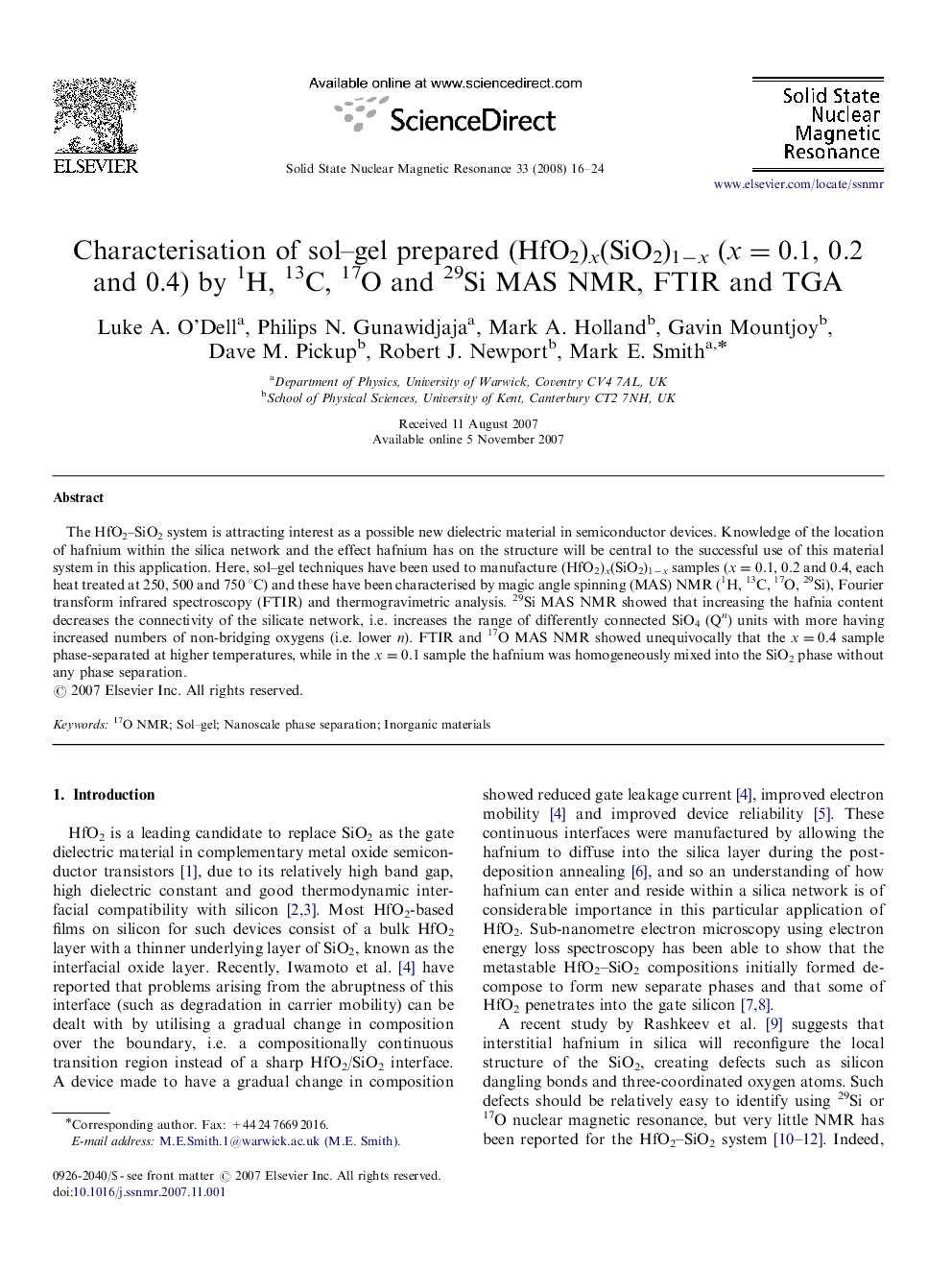 Characterisation of sol-gel prepared (HfO2)x(SiO2)1âx (x=0.1, 0.2 and 0.4) by 1H, 13C, 17O and 29Si MAS NMR, FTIR and TGA