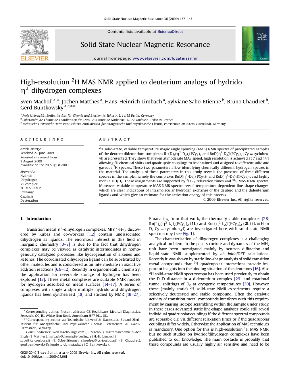 High-resolution 2H MAS NMR applied to deuterium analogs of hydrido Î·2-dihydrogen complexes