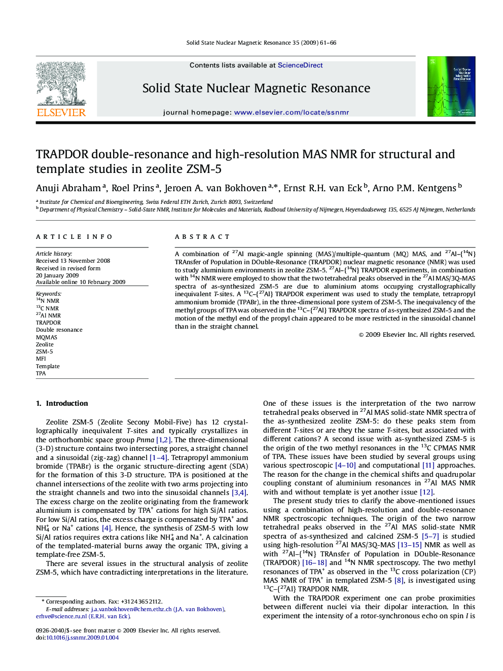 TRAPDOR double-resonance and high-resolution MAS NMR for structural and template studies in zeolite ZSM-5