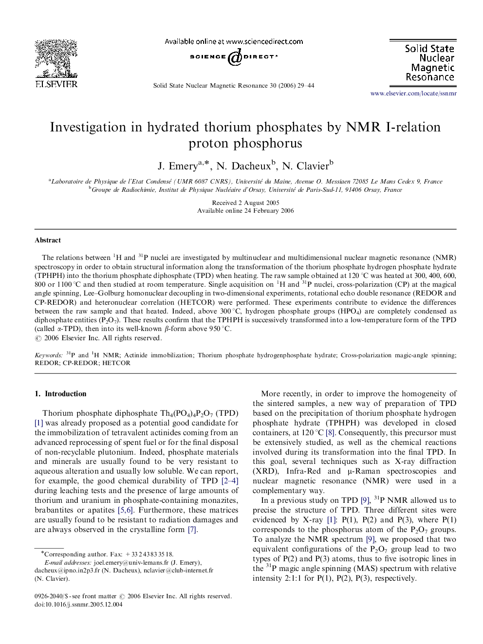 Investigation in hydrated thorium phosphates by NMR I-relation proton phosphorus