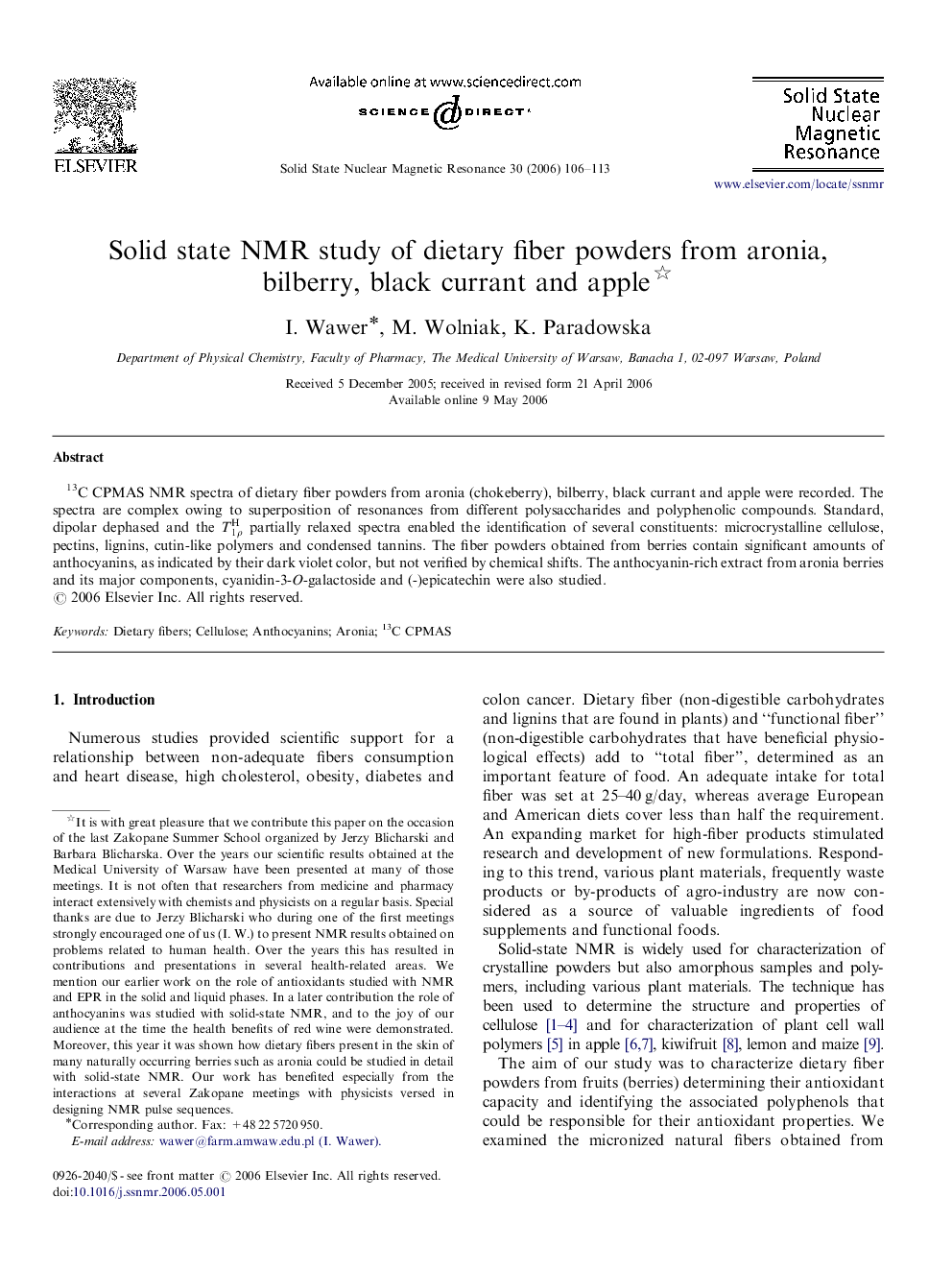 Solid state NMR study of dietary fiber powders from aronia, bilberry, black currant and apple