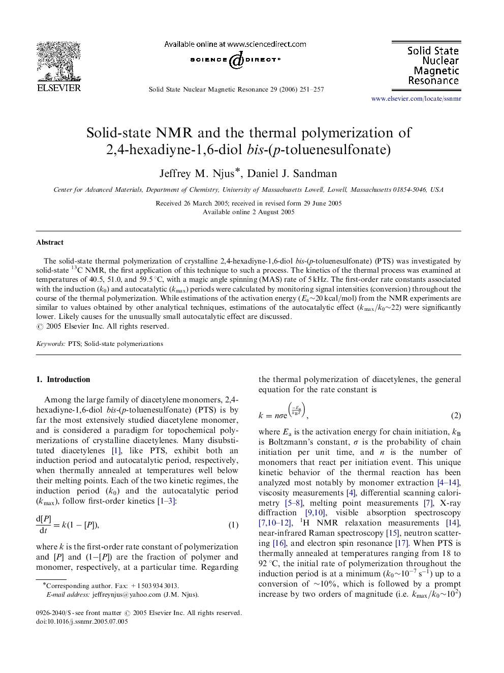 Solid-state NMR and the thermal polymerization of 2,4-hexadiyne-1,6-diol bis-(p-toluenesulfonate)