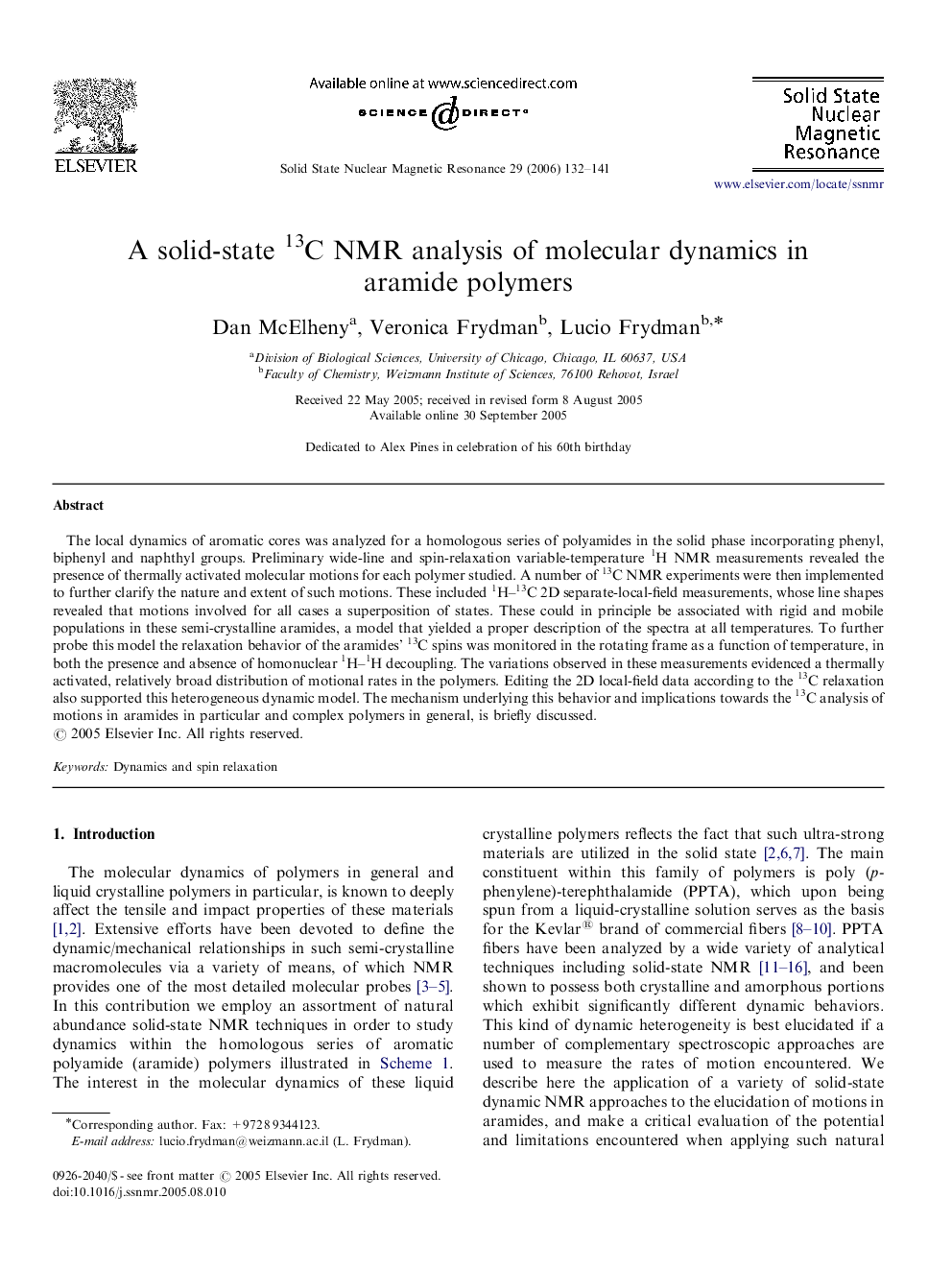 A solid-state 13C NMR analysis of molecular dynamics in aramide polymers