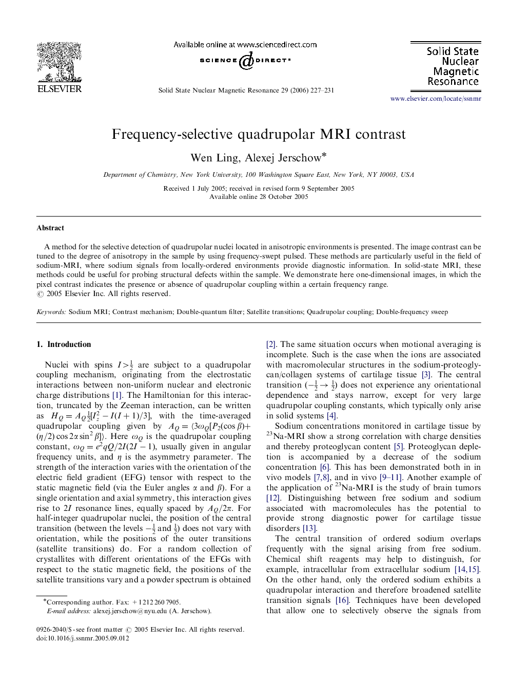 Frequency-selective quadrupolar MRI contrast