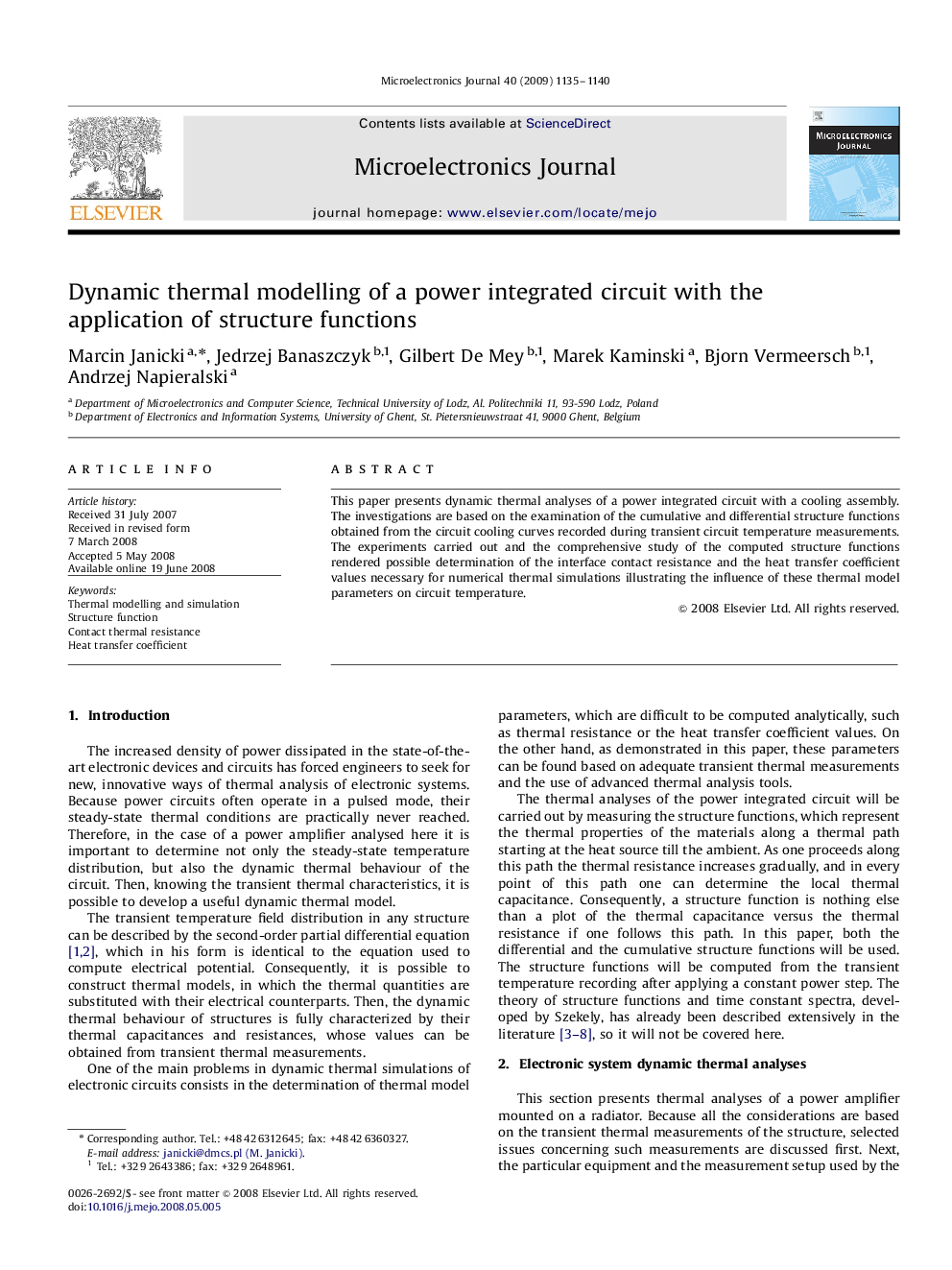 Dynamic thermal modelling of a power integrated circuit with the application of structure functions