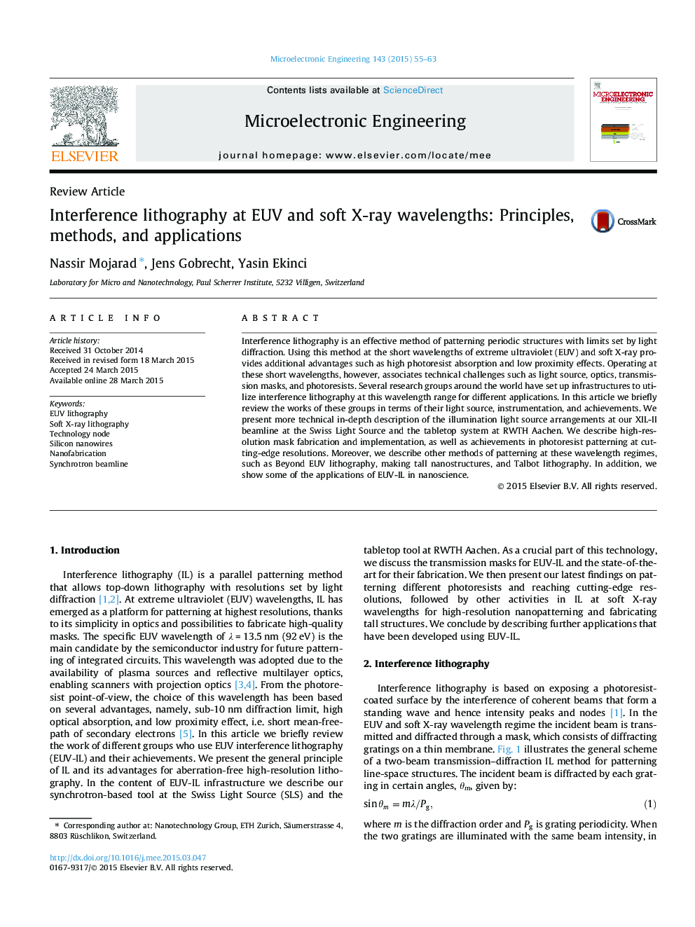 Interference lithography at EUV and soft X-ray wavelengths: Principles, methods, and applications