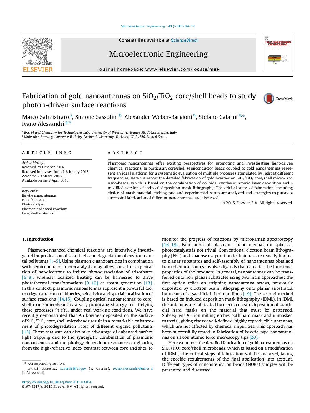 عکس صفحه اول مقاله: Fabrication of gold nanoantennas on SiO2/TiO2 core/shell beads to study photon-driven surface reactions Fabrication of gold nanoantennas on SiO2/TiO2 core/shell beads to study photon-driven surface reactions