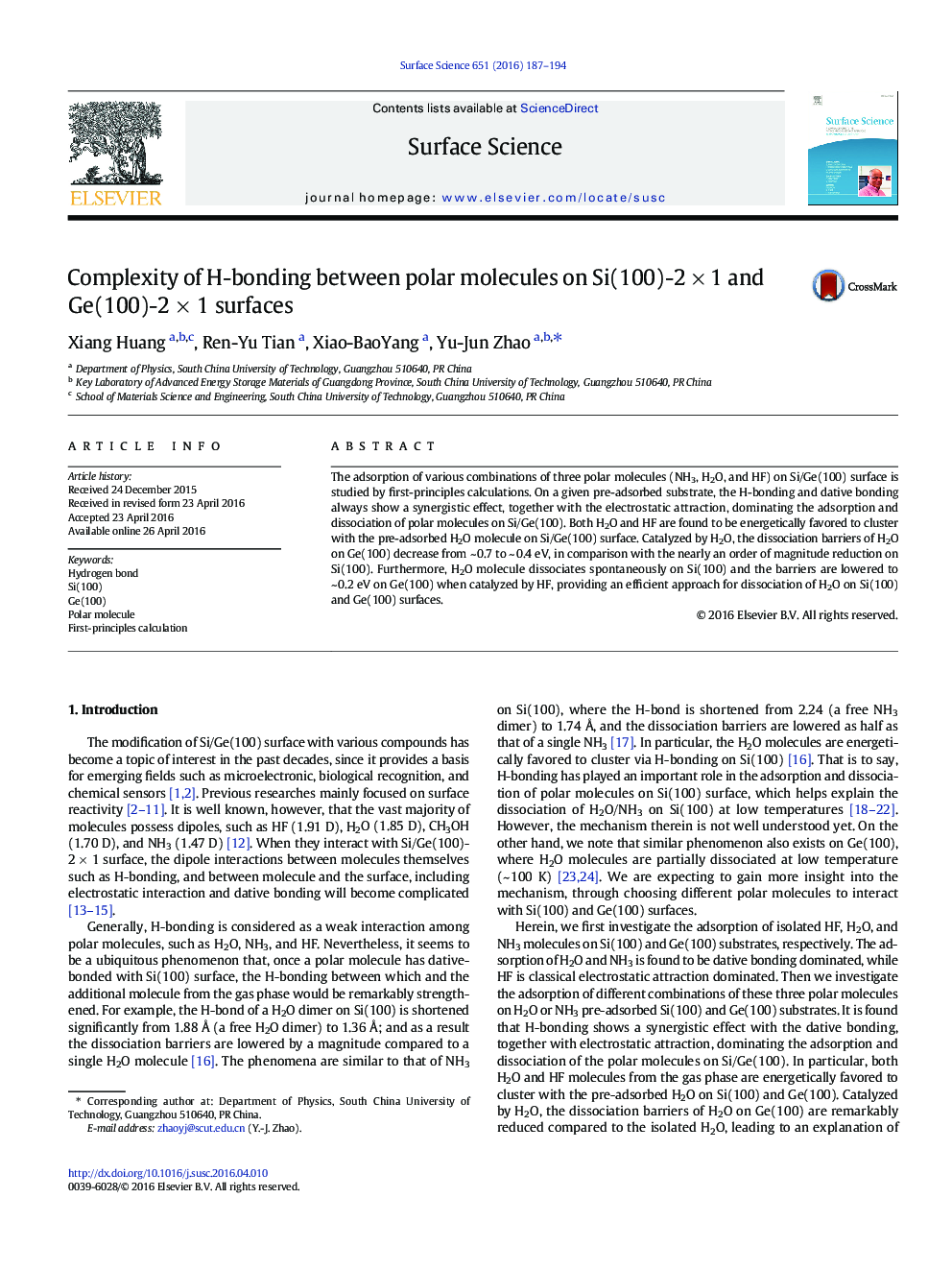 Complexity of H-bonding between polar molecules on Si(100)-2Â ÃÂ 1 and Ge(100)-2Â ÃÂ 1 surfaces