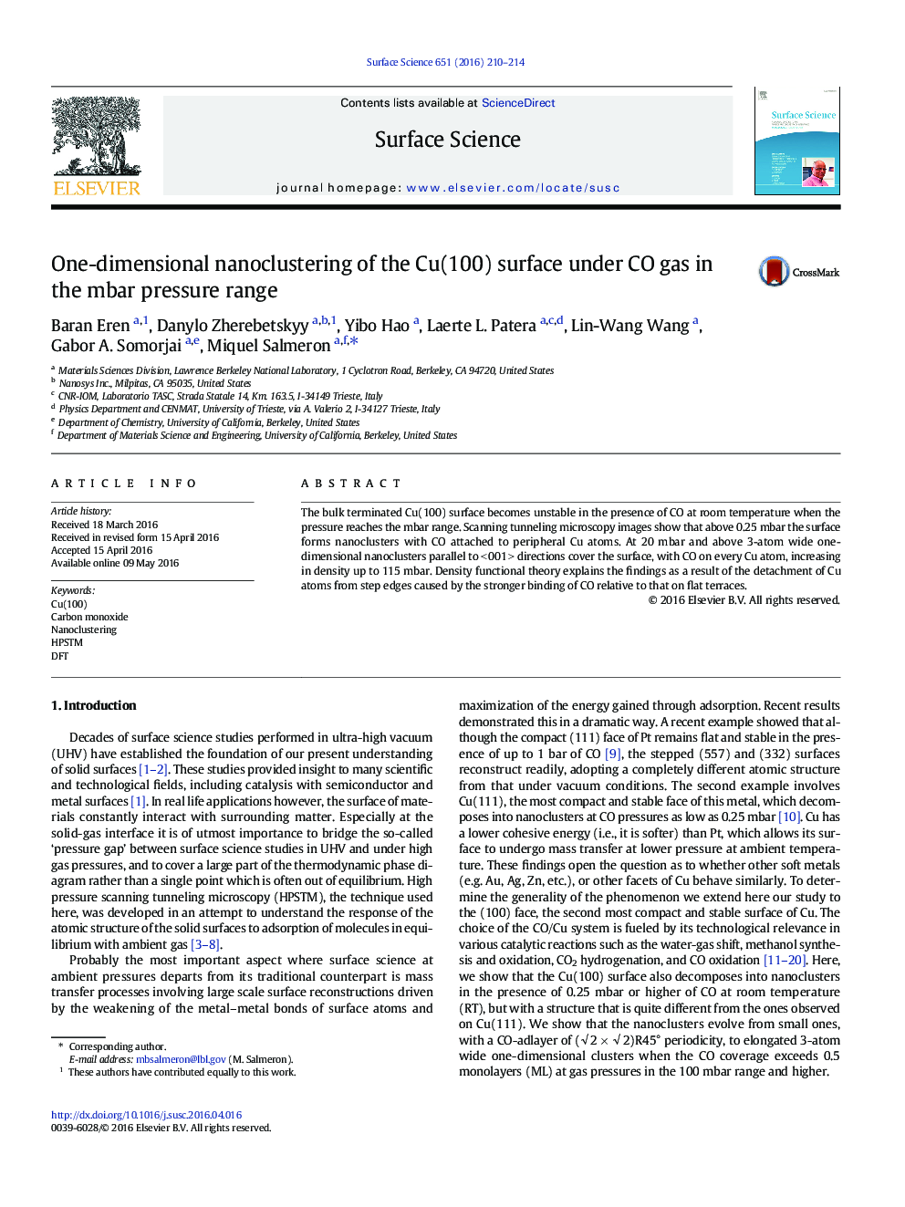 One-dimensional nanoclustering of the Cu(100) surface under CO gas in the mbar pressure range