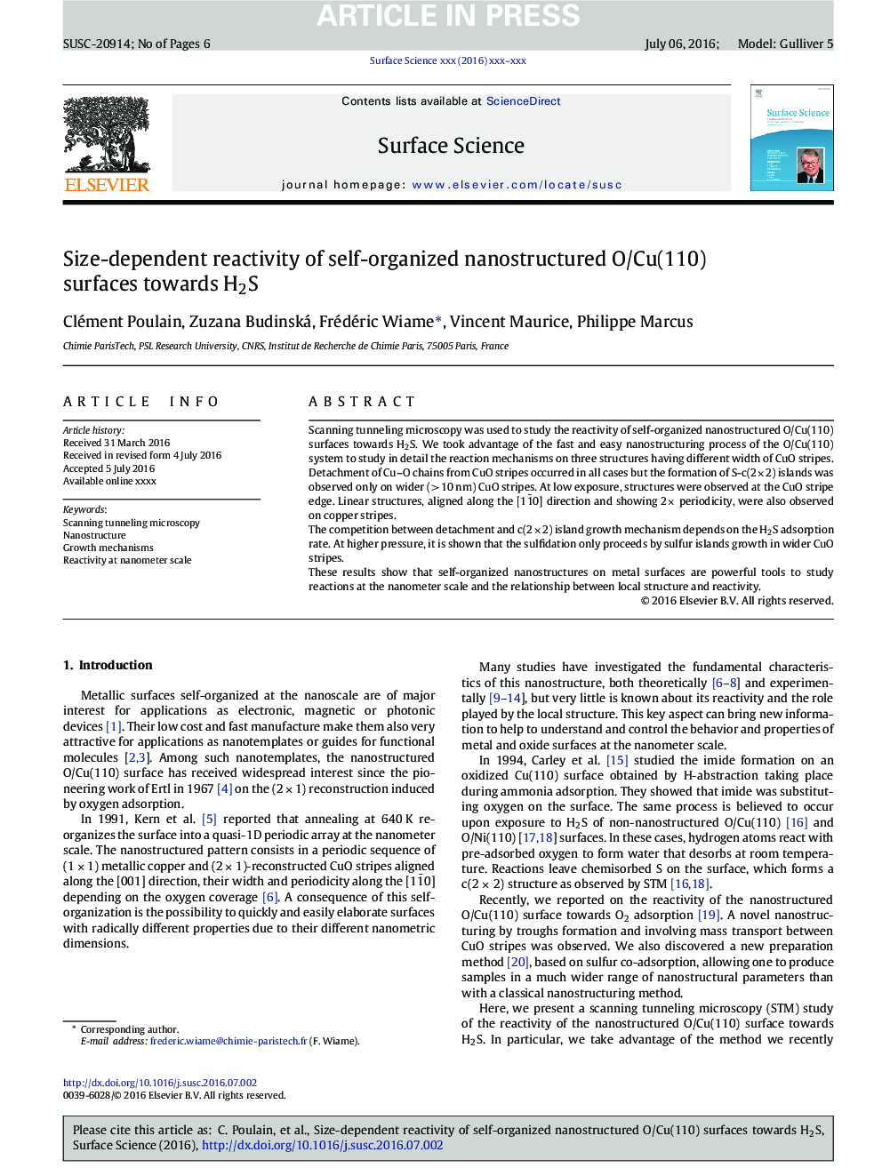 عکس صفحه اول مقاله: Size-dependent reactivity of self-organized nanostructured O/Cu(110) surfaces towards H2S Size-dependent reactivity of self-organized nanostructured O/Cu(110) surfaces towards H2S
