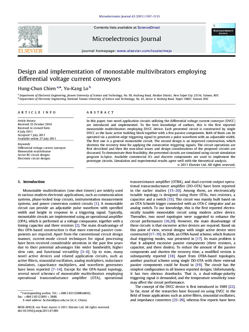 Design and implementation of monostable multivibrators employing differential voltage current conveyors