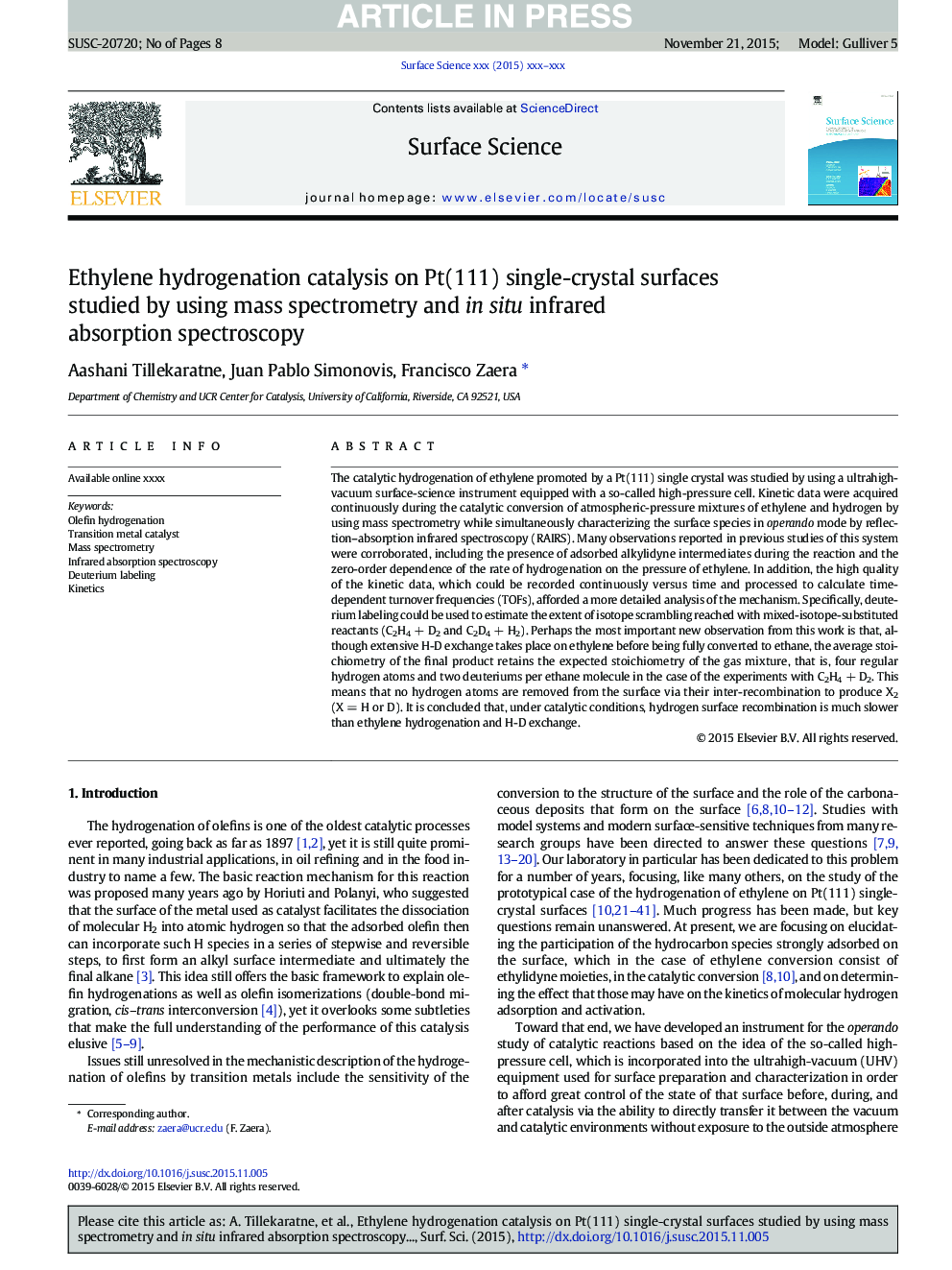 Ethylene hydrogenation catalysis on Pt(111) single-crystal surfaces studied by using mass spectrometry and in situ infrared absorption spectroscopy