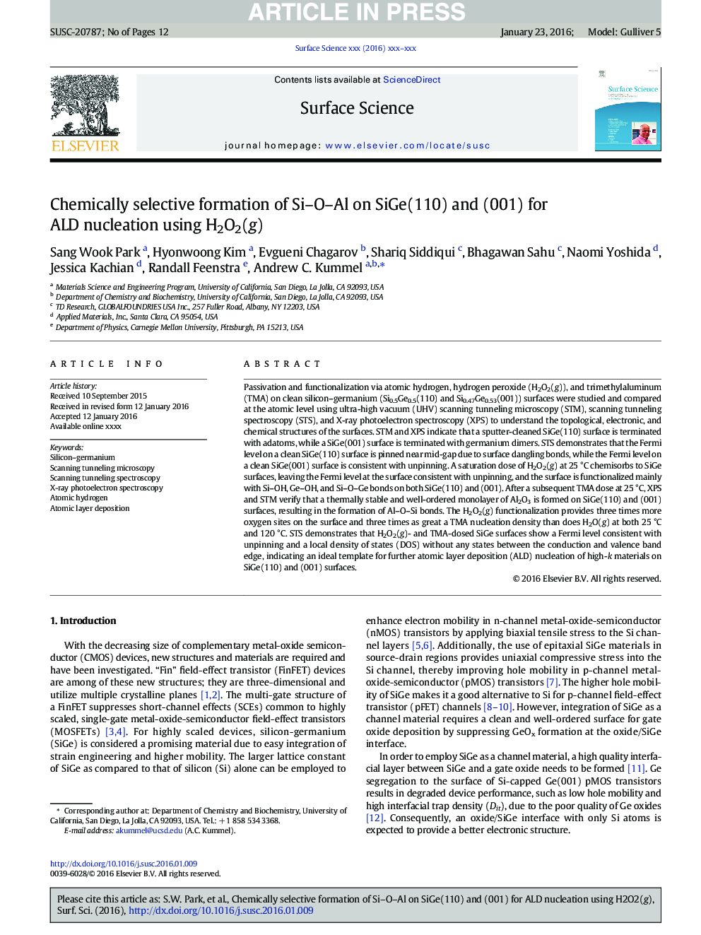 Chemically selective formation of Si-O-Al on SiGe(110) and (001) for ALD nucleation using H2O2(g)