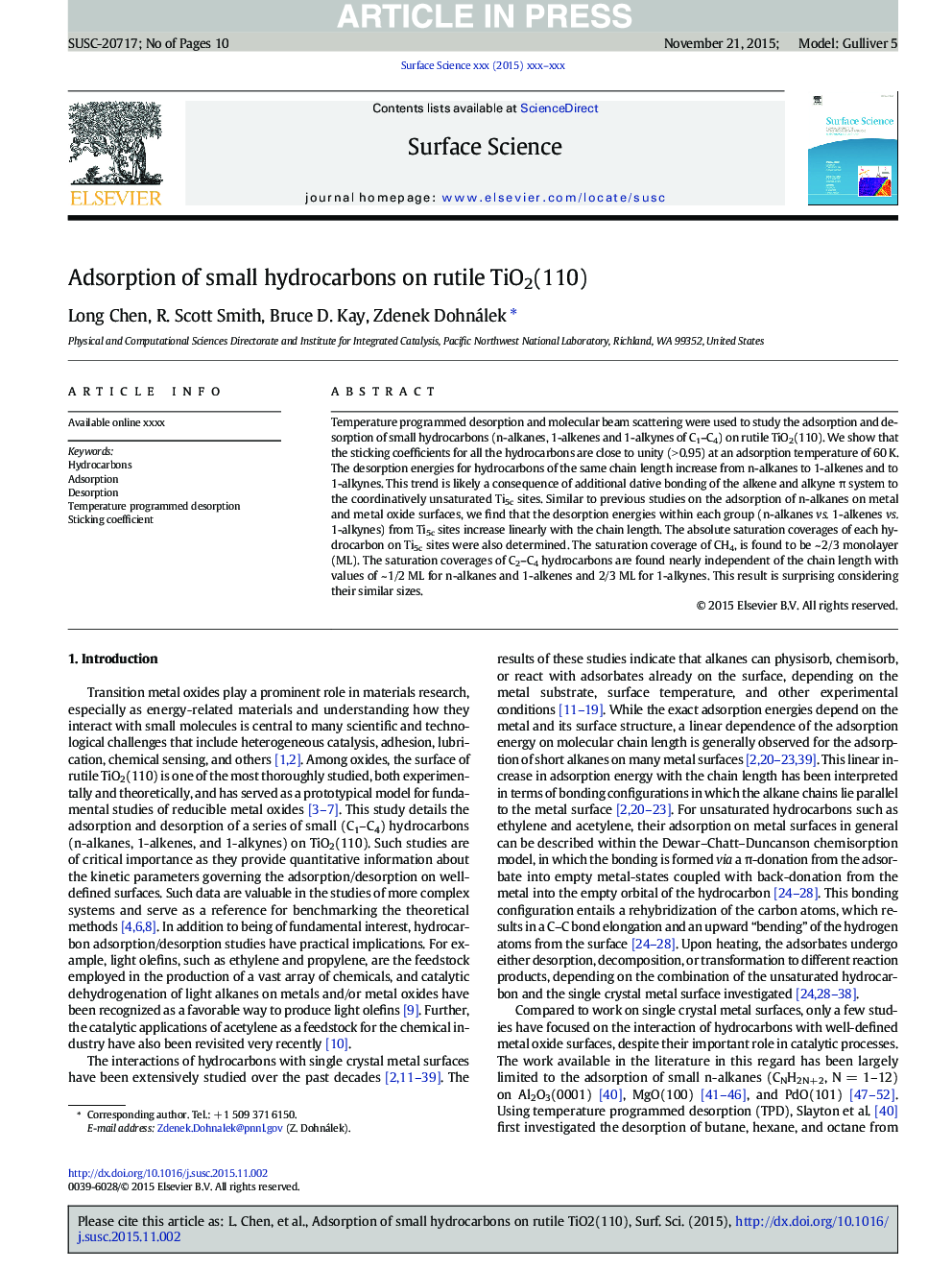 Adsorption of small hydrocarbons on rutile TiO2(110)