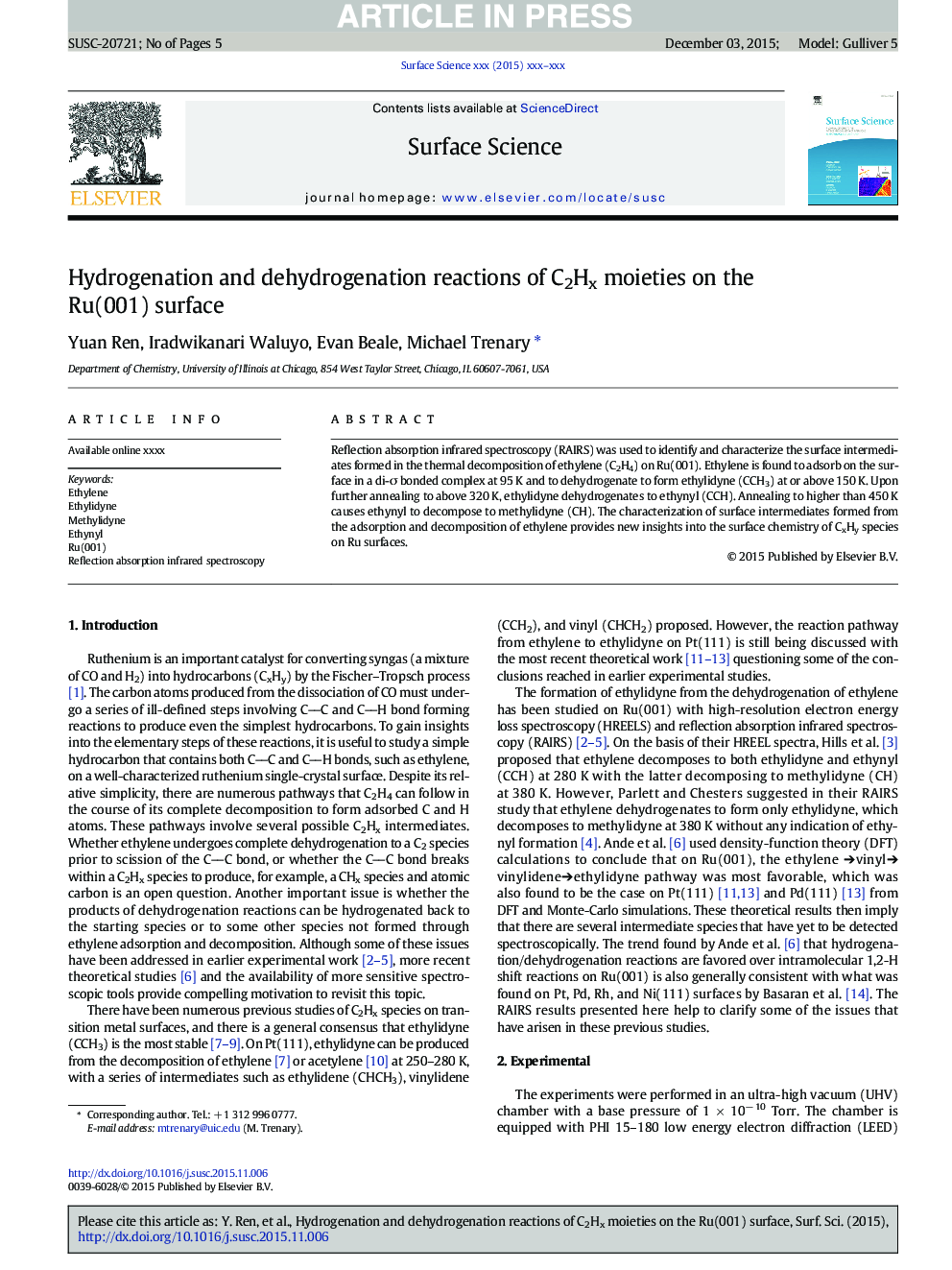 Hydrogenation and dehydrogenation reactions of C2Hx moieties on the Ru(001) surface