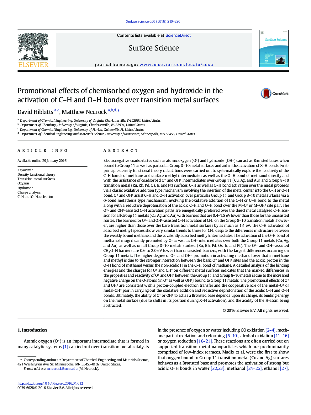 عکس صفحه اول مقاله: Promotional effects of chemisorbed oxygen and hydroxide in the activation of C-H and O-H bonds over transition metal surfaces Promotional effects of chemisorbed oxygen and hydroxide in the activation of C-H and O-H bonds over transition metal surfaces