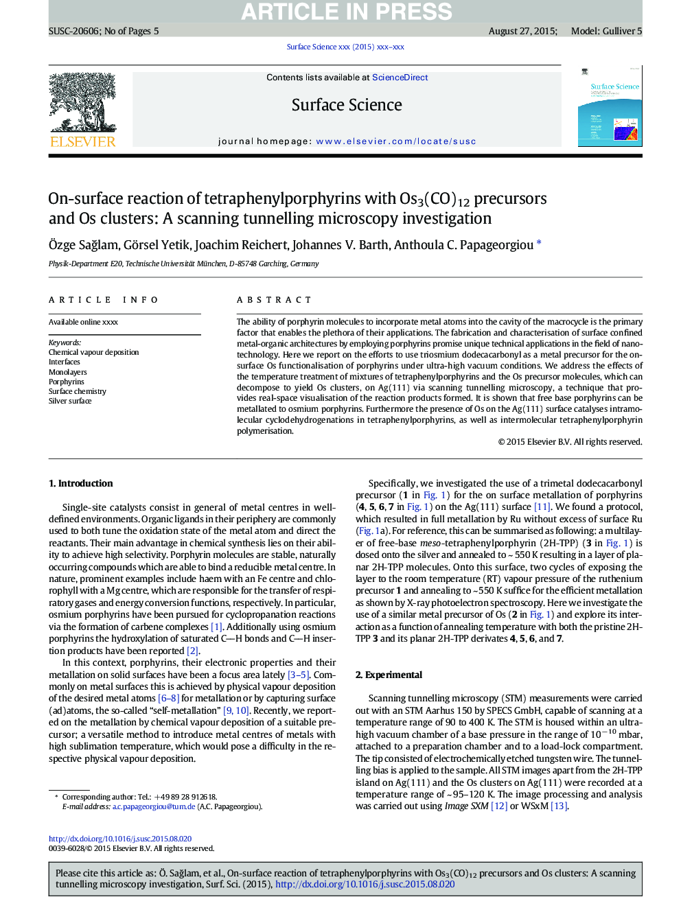 On-surface reaction of tetraphenylporphyrins with Os3(CO)12 precursors and Os clusters: A scanning tunnelling microscopy investigation