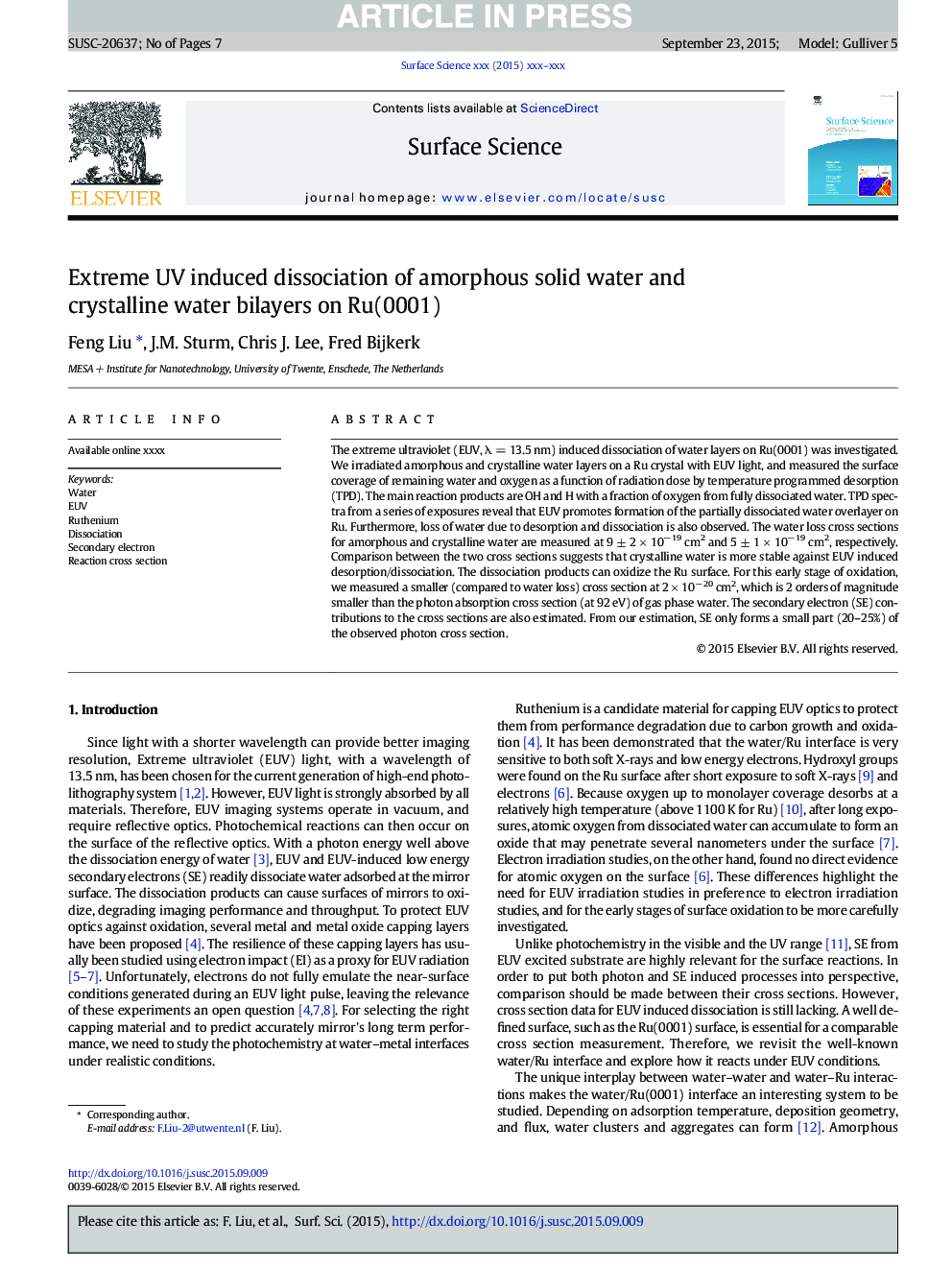 Extreme UV induced dissociation of amorphous solid water and crystalline water bilayers on Ru(0001)